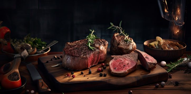 grilled-beef-steaks-with-spices-herbs-cutting-board-black-background-ai-generative